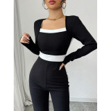 Women Spring Autumn Elegant Patchwork Long Sleeve Square Neck Jumpsuit
