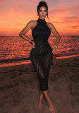 Women Sexy Hollow Out Beaded Beach Cover Up Dress