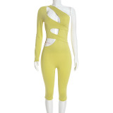 Women Autumn Solid Sexy One Shoulder Hollow Out Long Sleeve Jumpsuit