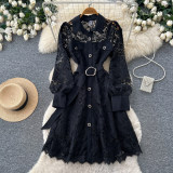 Women French Elegant Lace Long Sleeve Turndown Collar Lace Up Autumn Dress