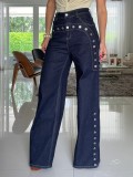 Women Metal Studded Wide Leg Denim Pants