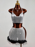 Women Sequin Metallic Patchwork Slit Bodycon Fuzzy Mini Skirt