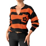 Women Autumn Winter Striped Pocket Floral Lantern Sleeve Sweater