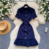 Women French Short Sleeve Blue Pleated Summer Dress