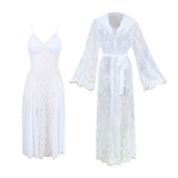 Women Lace Built-in Bra Slip Dress Bell Sleeve Robe Two Piece Set