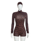 Women Autumn Winter Turtleneck Leopard Print Long Sleeve Romper