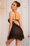 Women Black Lace Hollow Out Mesh Slip Dress