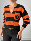 Women Autumn Winter Striped Pocket Floral Lantern Sleeve Sweater