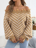 Women Autumn Winter Casual Off Shoulder Lantern Sleeve Striped Sweater