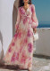 Women Beach Holidays Chiffon Print V Neck Knot Lantern Long Sleeve Dress