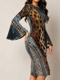 Women Leopard Print Bell Sleeve Maxi Formal Party Bodycon Dress