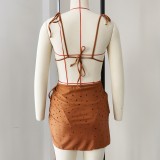 Women Bikini Rhinestone Solid Lace-Up Sexy Backless Wrap Skirt Two Piece Swimsuit