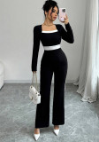 Women Spring Autumn Elegant Patchwork Long Sleeve Square Neck Jumpsuit