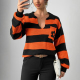 Women Autumn Winter Striped Pocket Floral Lantern Sleeve Sweater
