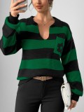 Women Autumn Winter Striped Pocket Floral Lantern Sleeve Sweater