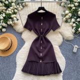 Women French Short Sleeve Blue Pleated Summer Dress