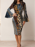 Women Leopard Print Bell Sleeve Maxi Formal Party Bodycon Dress