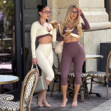 Women Casual Autumn Contrast Color Vest Long Sleeve Top and Pants Three Piece Set