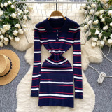 Women Autumn French Contrast Striped Turndown Collar Long Sleeve Sweater Dress