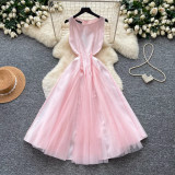 Women French Sleeveless Round Neck Summer Pink Dress