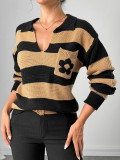 Women Autumn Winter Striped Pocket Floral Lantern Sleeve Sweater