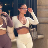 Women Casual Autumn Contrast Color Vest Long Sleeve Top and Pants Three Piece Set