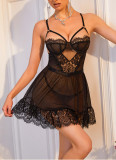 Women Black Lace Hollow Out Mesh Slip Dress