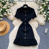 Women French Short Sleeve Blue Pleated Summer Dress
