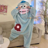 Women's Fall Winter Coral Fleece Zip Up One Piece Pajama Cartoon Pumpkin Warm Loungewear