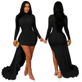 Women Sexy Solid Turtleneck Long Sleeve Ruched Dress