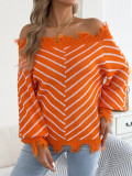 Women Autumn Winter Casual Off Shoulder Lantern Sleeve Striped Sweater