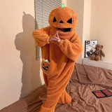 Women's Fall Winter Coral Fleece Zip Up One Piece Pajama Cartoon Pumpkin Warm Loungewear