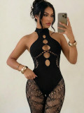 Women Stretch Knit Round Neck Hollow Out Lace Sexy Jumpsuit