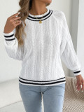 Women Autumn Winter Casual Color Block Round Neck Cable Knit Lantern Sleeve Sweater