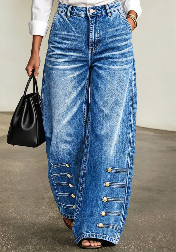 Women Washed Casual Button Wide Leg Denim Pants