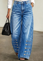 Women Washed Casual Button Wide Leg Denim Pants Women Washed Casual Button Wide Leg Denim Pants