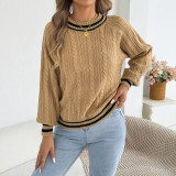 Women Autumn Winter Casual Color Block Round Neck Cable Knit Lantern Sleeve Sweater