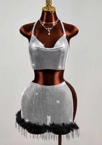 Women Sequin Metallic Patchwork Slit Bodycon Fuzzy Mini Skirt