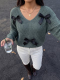 Women Autumn Sexy V Neck Backless Lace Up Cross Knit Bow Patchwork Sweater