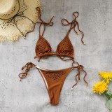 Women Bikini Rhinestone Solid Lace-Up Sexy Backless Wrap Skirt Two Piece Swimsuit