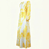 Women Beach Off Shoulder Chiffon Print Lantern Long Sleeve Maxi Dress