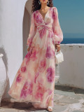 Women Beach Holidays Chiffon Print V Neck Knot Lantern Long Sleeve Dress