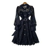 Women French Elegant Lace Long Sleeve Turndown Collar Lace Up Autumn Dress