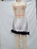 Women Sequin Metallic Patchwork Slit Bodycon Fuzzy Mini Skirt