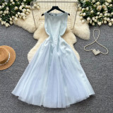 Women French Sleeveless Round Neck Summer Pink Dress