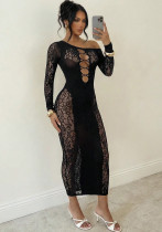 Women Jacquard Lace See-Through Pattern Long Sleeve Mesh Sexy Dress Women Jacquard Lace See-Through Pattern Long Sleeve Mesh Sexy Dress