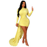 Women Sexy Solid Turtleneck Long Sleeve Ruched Dress