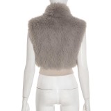 Women Autumn Winter Sleeveless Furry Zipper Metallic PU Leather Crop Top