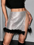 Women Sequin Metallic Patchwork Slit Bodycon Fuzzy Mini Skirt