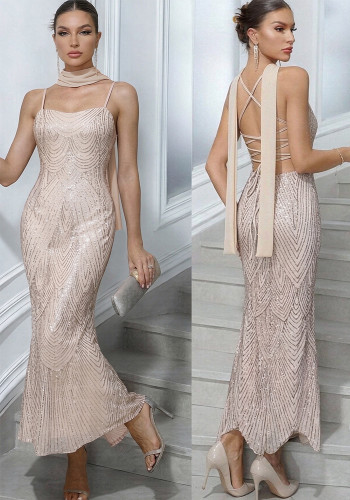 Women’s Sexy Low Back Sequin Long Dress Party Evening Dress